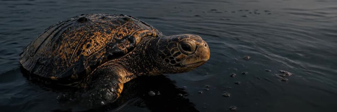 Sea turtle in oil polluted sea, website banner with copy space, marine pollution, environmental crisis