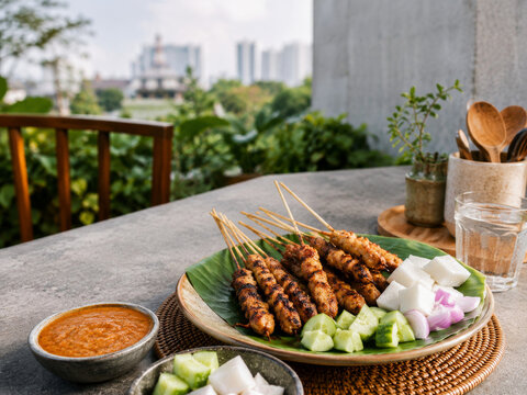  Brochetas de carne dorada a la parrilla acompa&ntilde;adas de pepino fresco, cebolla y salsa especiada, servidas sobre una hoja verde en una mesa exterior con un entorno urbano desenfocado.