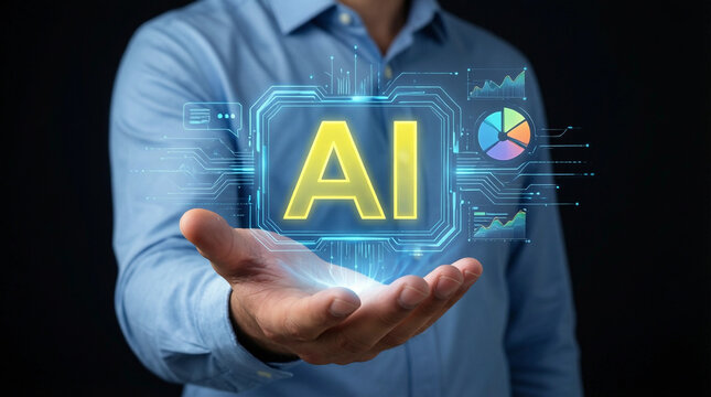 Person holding glowing AI hologram with data visualizations in futuristic digital interface