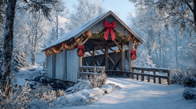 A snow-covered covered bridge in a picturesque setting, decorated with garlands and large red bows,