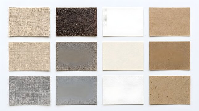 A collection of twelve different material samples, arranged in a 3x4 grid. The samples vary in texture and color, including fabric, concrete, and paper textures in shades of beige, brown, grey.