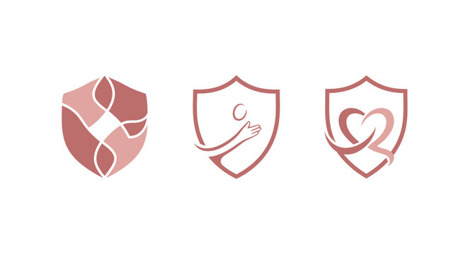 Three pink shield icons with different designs.