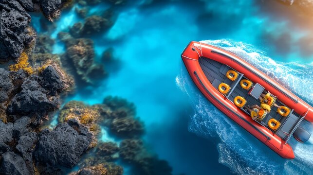 Aerial Top-Down View of Traditional Balsa Raft Navigating Turquoise Waters