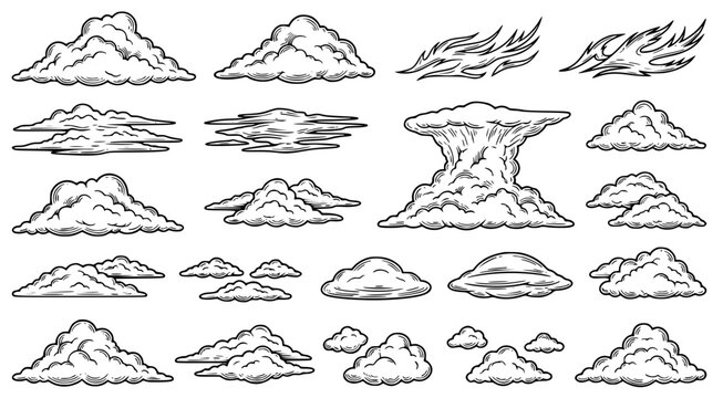 Set of various cloud formations and weather patterns illustrated in a classic hand drawn engraving style for meteorological and sky design projects