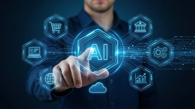 Man interacting with AI technology interface, futuristic digital hologram for business and innovation