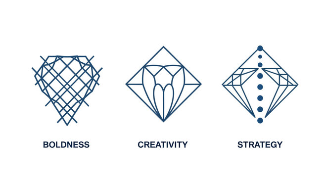 Geometric line art icons representing boldness creativity strategy.