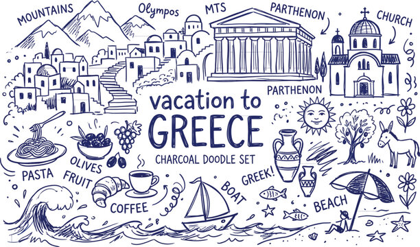 Greece travel doodle set with landmarks food and vacation elements hand drawn style
