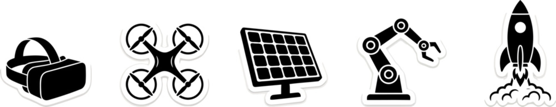Technology icons set containing virtual reality headset drone solar panel robot arm rocket.