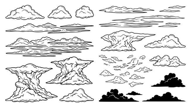 Assorted weather cloud shapes in black and white line art vector set for meteorology and sky illustration projects