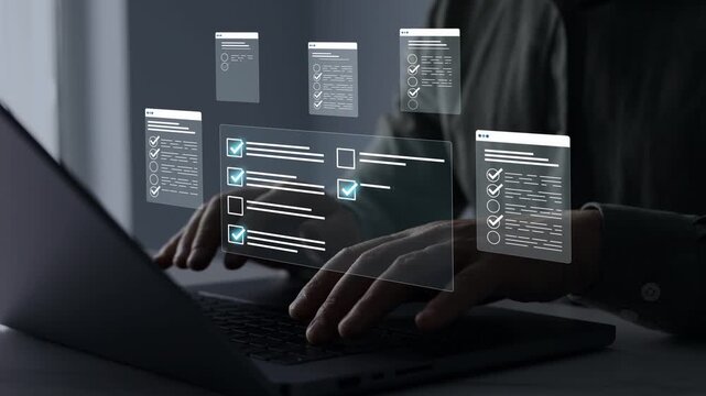 Business productivity checklist and filling survey form.Fast checklist and clipboard task management.Businessman check virtual electronic documents and checklist approve.