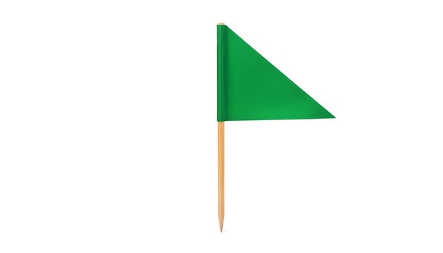 Small green triangular flag on a wooden stick, isolated on white background