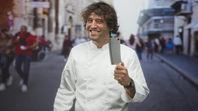 Man chef in white uniform holding cleaver with right hand, smiling in busy street scene; pride craft tradition.
