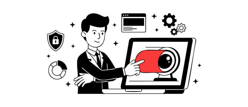 Cybersecurity businessman pointing laptop camera lens for data privacy, online safety, network surveillance and digital protection, minimalist black white vector icon art on white background.