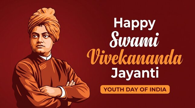 A poster layout template of Happy Swami Vivekananda Jayanti. A celebration of Youth Day of India typography with graphic mnemonic, illustration, celebrate, unit, logo, graphic drawing, outline sketch