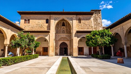 Fototapeta premium A serene courtyard with a central walkway and ornate building