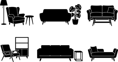 Living Room Furniture Silhouette Vector Set Featuring Sofas Armchairs Coffee Tables Bookshelves and Houseplants for Interior Design and Architecture Layouts © Mdsumon
