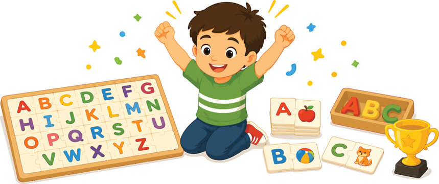 Cartoon Boy Learning Alphabet Letters with Colorful Memory Tiles and Cup Trophy Icon in Playful Classroom Style
