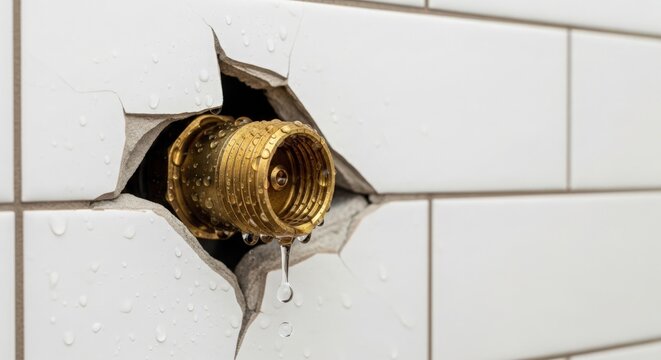 Damage to wall with exposed plumbing and leakage from broken pipe fixture. Water drips from metal valve attached to wall tile, highlighting plumbing issues requiring urgent repair.