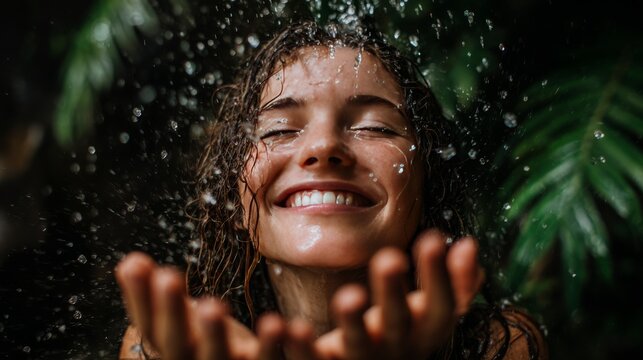Smiling woman enjoying refreshing water splash with closed eyes, wet hair and raised hands surrounded by sparkling droplets in natural outdoor setting, summer cooling, freshness and wellness concept