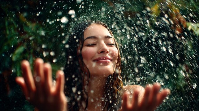 Smiling woman enjoying refreshing water splash with closed eyes, wet hair and raised hands surrounded by sparkling droplets in natural outdoor setting, summer cooling, freshness and wellness concept