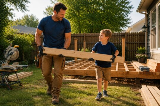 Father and his little son carrying a wooden timber beam together at a backyard deck construction site. Miter saw and wooden frame on background. Family teamwork and DIY home improvement concept.