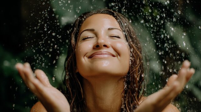 Smiling woman enjoying refreshing water splash with closed eyes, wet hair and raised hands surrounded by sparkling droplets in natural outdoor setting, summer cooling, freshness and wellness concept