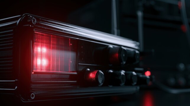 Glossy black communication transceiver with red indicator lights