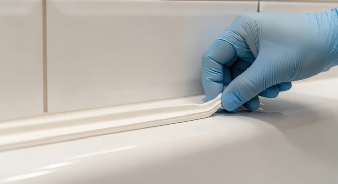 Installation of sealing strip on bathroom tiles with gloved hand applying adhesive. Sealing strip improves hygiene and aesthetic appeal in bathroom area.