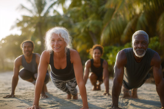  Mujer mayor haciendo flexiones en la playa con grupo de fitness. Mujer mayor en forma haciendo flexiones al aire libre con grupo; entrenamiento de fuerza y envejecimiento activo editorial para marcas