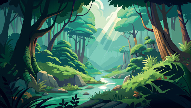 Enchanted forest landscape vector illustration with a flowing stream and sun rays through the trees