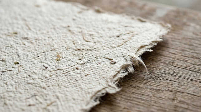 Handmade beige paper with rough, deckled edges and visible organic fibers, resting on a weathered wooden surface with shallow depth of field