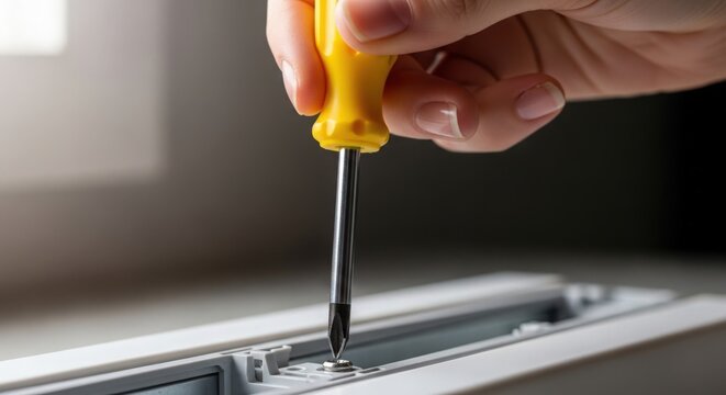 Hand turning screwdriver to fix window frame with sunlight entering from the side. Window frame repair involves precision tools and careful handling. Concept home improvement and DIY projects.