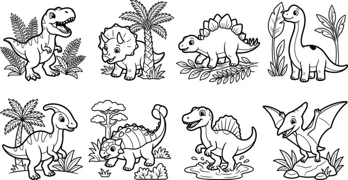 Cute Cartoon Dinosaur Coloring Page Collection with Prehistoric Animals for Kids Activity Book