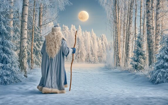 Traditional Russian Ded Moroz in Silver Robe Stands in Snowy Forest