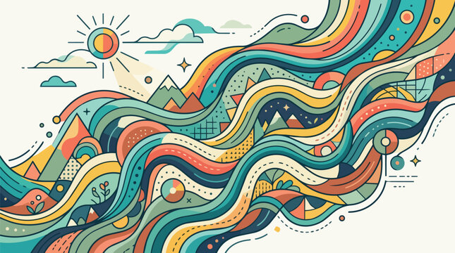 Abstract Geometric Mountain Landscape with Wavy Rainbow Lines Sun and Clouds in Retro Vintage Vibrant Color Illustration