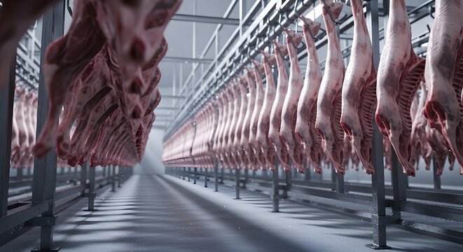 Endless rows of animal carcasses hanging in a large industrial commercial slaughterhouse