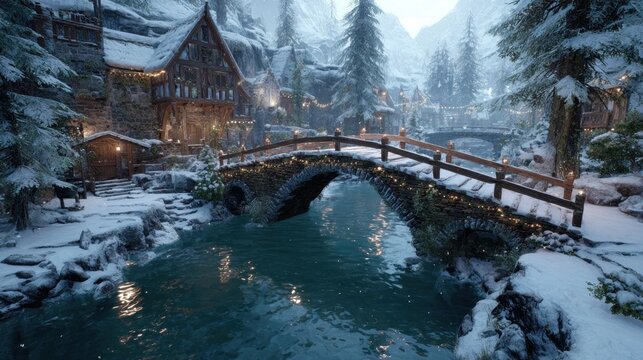 A snowy bridge over a river in a quaint village,