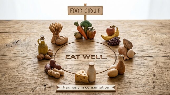 Food circle and eat well message with healthy food items