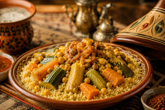 Cusc&uacute;s tradicional servido con garbanzos, calabac&iacute;n, zanahoria y otras verduras guisadas, presentado en un plato decorativo sobre una mesa de estilo oriental con c&aacute;lidos tonos dorados.