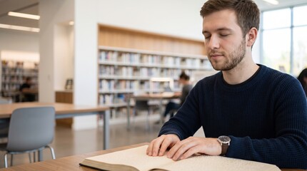 Obraz premium A young blind man sits at a table in a library. Person with disability with his eyes closed reads a book with Braille. 