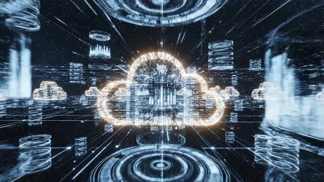 Glowing cloud computing icon in digital data tunnel.