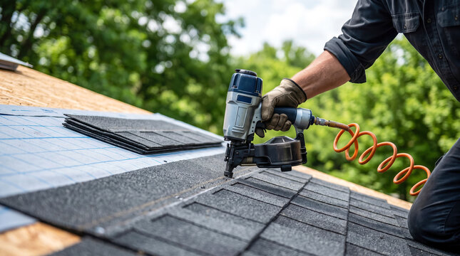 A worker is on a roof applying roofing materials with a nail gun. The worker carefully places the shingles in an orderly manner. The sun is shining in the background
