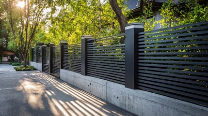 Naklejka premium Modern black horizontal slat metal fence with a concrete base in a residential garden