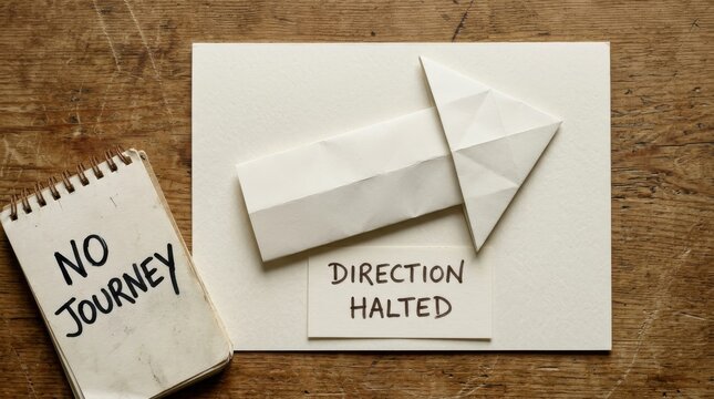 Origami arrow halted on paper with direction message