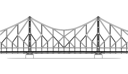 Fototapeta premium Symmetrical suspension truss bridge side view line art illustration