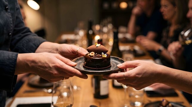 Waiter presenting gourmet chocolate dessert to guest in restaurant