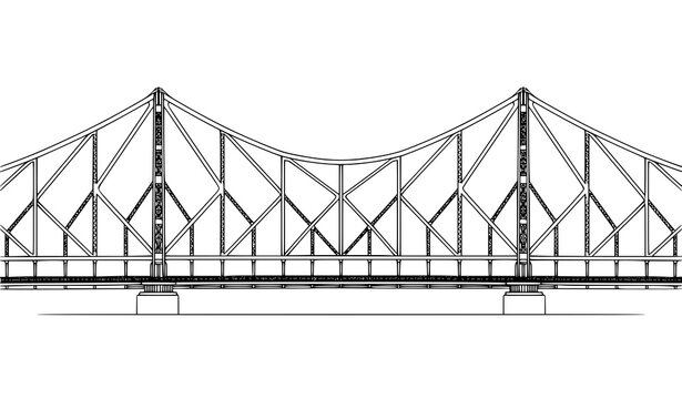 Symmetrical suspension truss bridge side view line art illustration