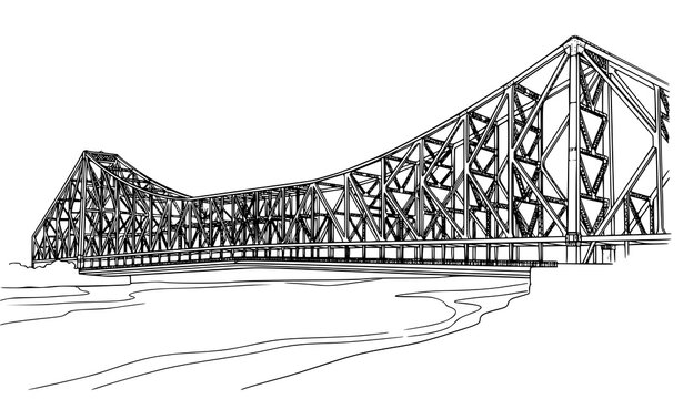 Hand Drawn Howrah Bridge Black and White Line Art Vector Illustration of Kolkata India Landmark with Detailed Steel Truss Architecture