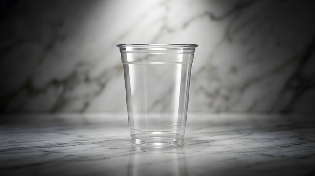 Empty transparent disposable plastic cup for cold drinks on elegant marble surface providing high end beverage presentation