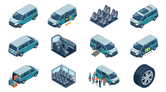 Clean Isometric Illustrations of Modern Minivans Showcasing Various Features and Scenarios in Blue and Gray